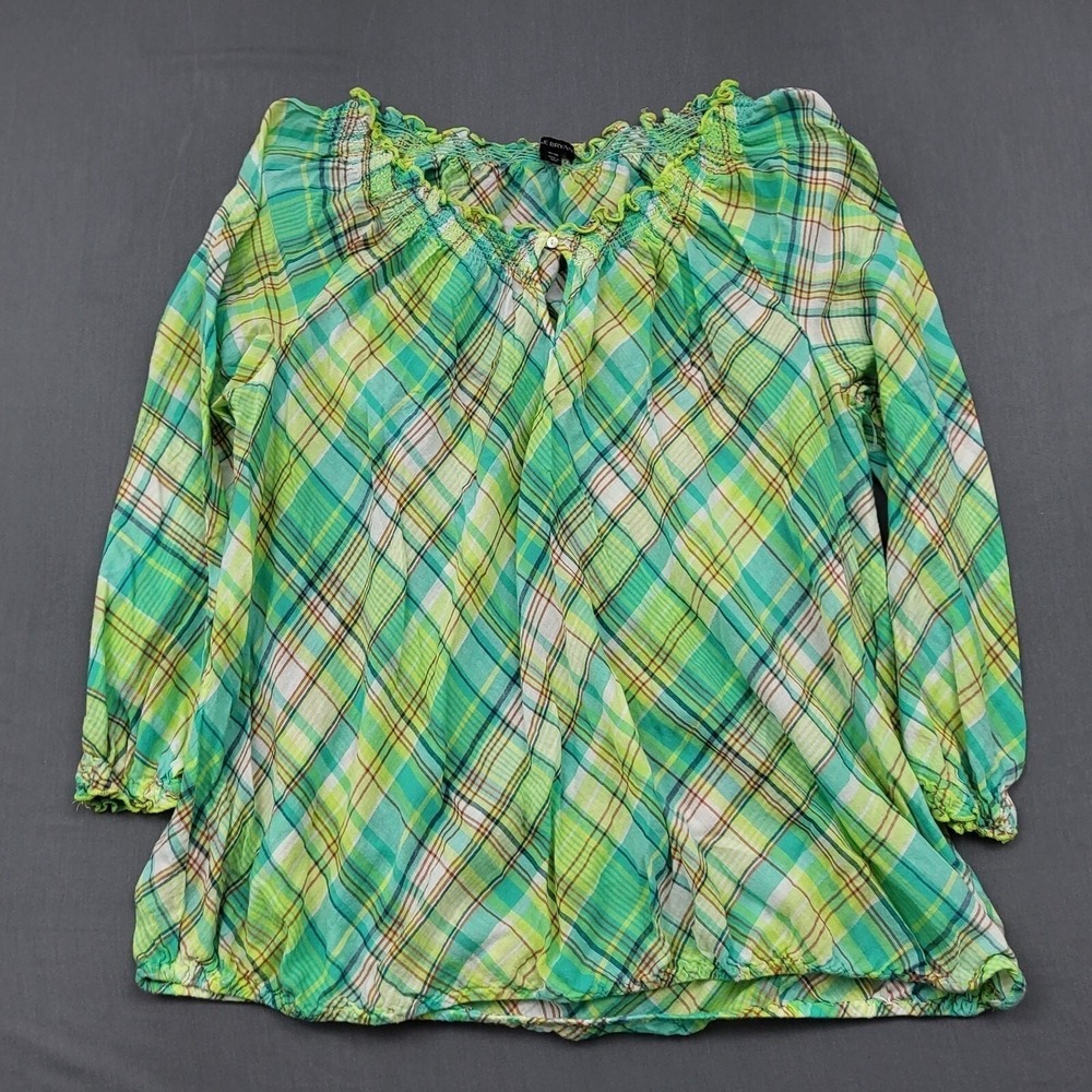 Lane Bryant Womens 18/20 Green Plaid Cotton Smocked Peasant Blouse 3/4 Sleeve